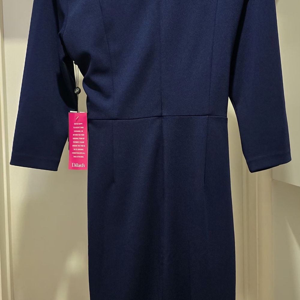 Adrianna Papell Navy, Tie-Waist 3/4 Sleeve, Midi, Sheath Dress Size 14 - Picture 10 of 15